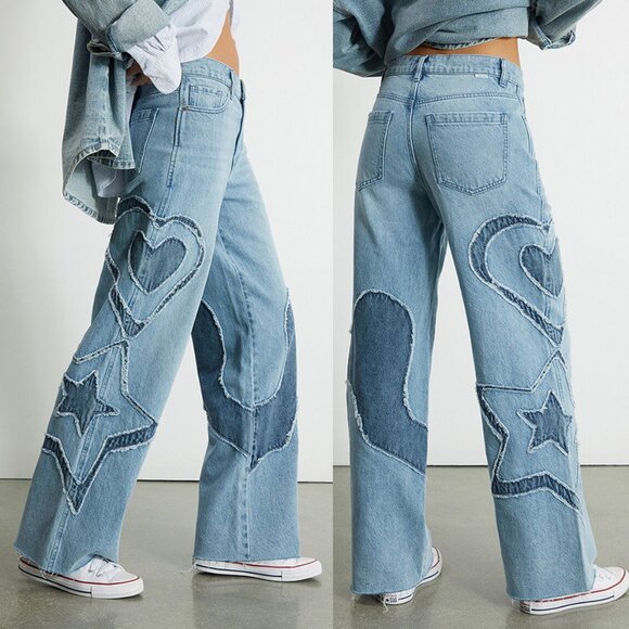 Pacsun Eco Light Blue Patchwork 90s Baggy Jeans 27 Wide Leg Baggy Heart Star Y2K - Picture 1 of 15